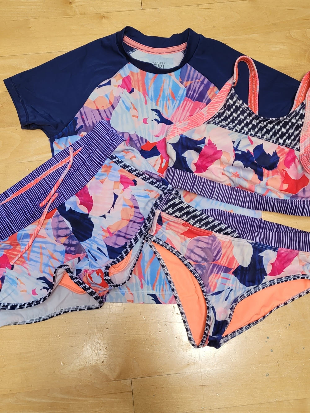 Athleta Girls Floral Graphic Navy Pink Purple Swim Set